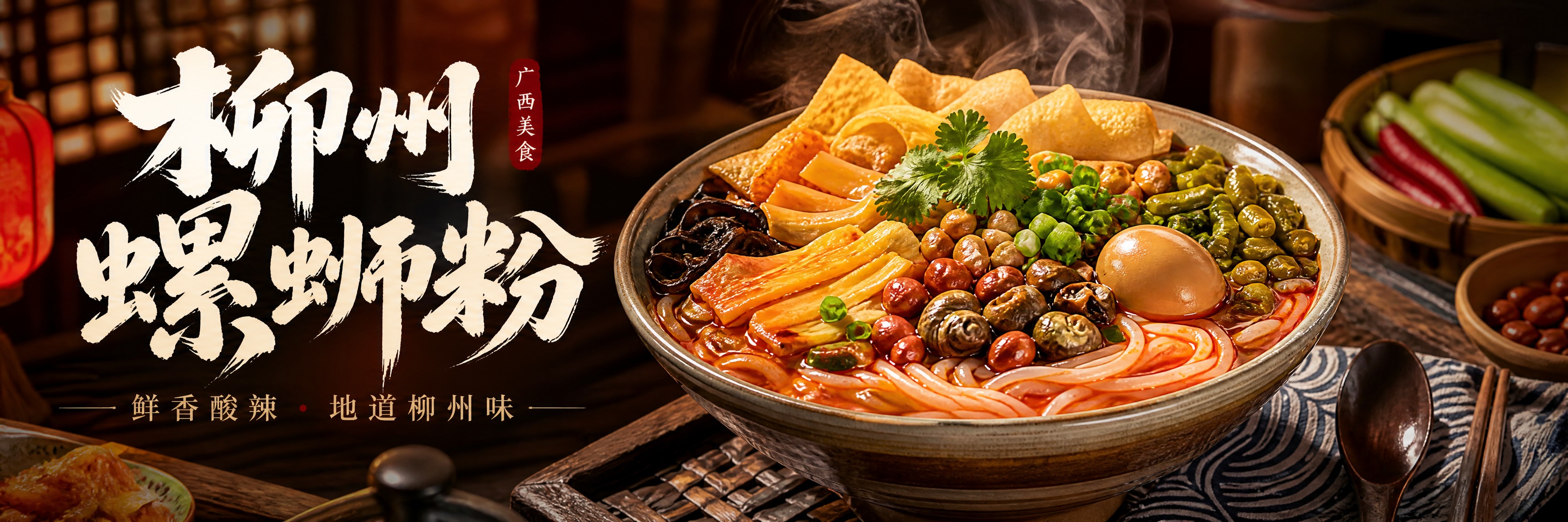 柳州螺蛳粉美食海报横幅，真实摄影风格，画面主体是一碗丰盛的正宗… - 图片创意预览