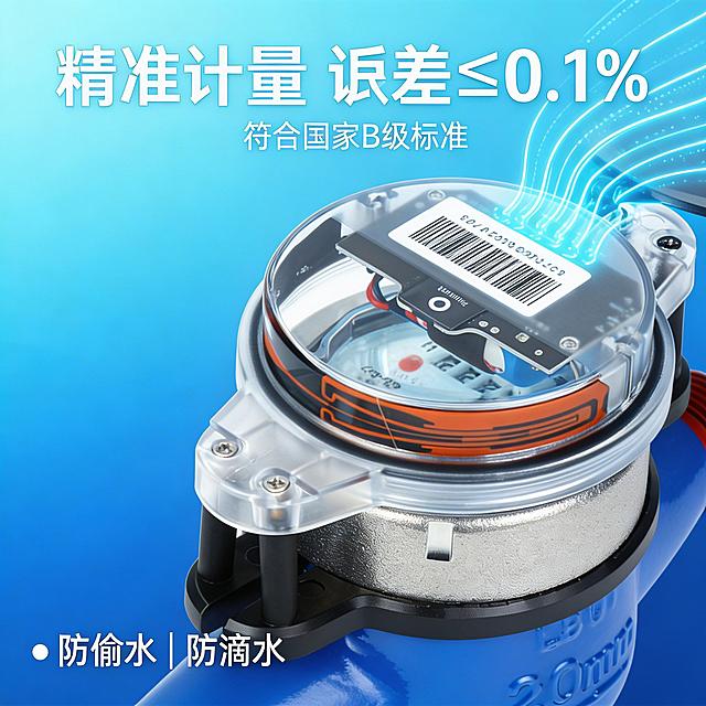 [垫图] 
[主图主题]智能水表计量精度展示
[氛围/风格]科技工业风，干净明亮
[画面元素]水表表盘特写，清晰展示字轮读数和AI采集模块，用浅蓝色动态线条标注数据传输路径，背景为简洁的科技蓝渐变，全屏无边框
[配色色系]主色调：科技蓝、透明表盘色；辅助色：浅蓝线条、白色文字
[视角构图]平视微距特写，焦点在表盘读数区域
[文字版式]主标题“精准计量 误差≤0.1%”，副标题“符合国家B级标准”，左下角图标标注“防偷水 | 防滴水”，字体为无衬线黑体，白色，文字悬浮于背景