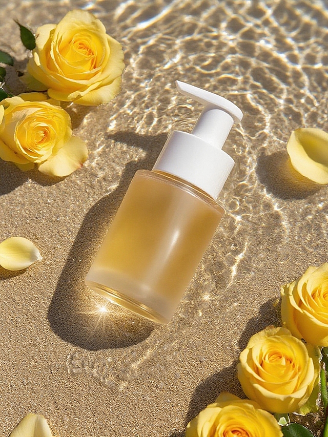 俯拍视角，重新打光的产品置于（波光粼粼的水面下，米色细沙上），周围环装饰着新鲜黄玫瑰，嫩黄的玫瑰花瓣散落在水面上，渲染出层次感的色调，明暗对比强烈，使用逼真的灯光和色彩运用