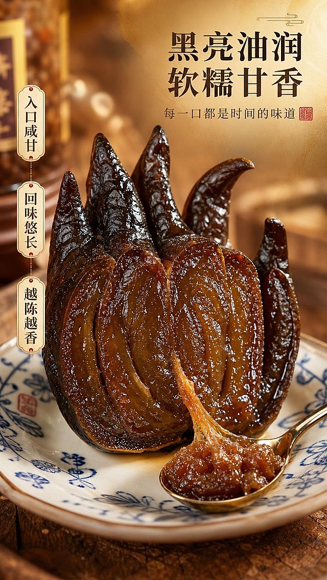 [商品] 使用【图1】佛手瓜作为原料关联，重点展示老香黄成品的质地特写：黑褐色蜜饯状佛手瓜，表面油润有光泽，切开后内部呈现深褐色半透明膏状质地，保留佛手分瓣的形态轮廓。
[画面] 目标：口感质地微距特写页，微距满版构图。主体为一块切开的老香黄，占画面70%，切面朝向镜头，展示内部油润细腻的质地，表面有自然的蜜饯光泽，旁边放一小勺舀起的老香黄膏体，拉丝感。前景为潮汕传统瓷碟，背景虚化暖棕色木纹桌面。画面层次：前景瓷碟边缘、中景老香黄主体、后景虚化木桌与暖光斑。
[视觉] 套系策略：风格=中式国风潮汕传统商业摄影；标题字=书法宋体粗体；正文字=简洁宋体；主色=暖棕黄+赭石；背景延展=基于暖棕黄做深浅层级、同色渐变和木纹/宣纸质感；强调色=朱砂红，仅用于小面积印章、引线和标签；标题色=深棕黑；正文色=暖棕灰；组件=圆角米黄信息卡、细线引线、朱砂印章元素；光影=左前侧暖柔光，侧逆光勾勒轮廓。
[文字] 右上主标题「黑亮油润 软糯甘香」，副标题「每一口都是时间的味道」，左侧3个口感短句：入口咸甘 | 回味悠长 | 越陈越香，文字位于右上与左侧，不遮挡老香黄切面主体。
[规格] 图片比例9:16竖版，4K分辨率，避免变形、错字、文字过小、冷蓝背景、质地失真。