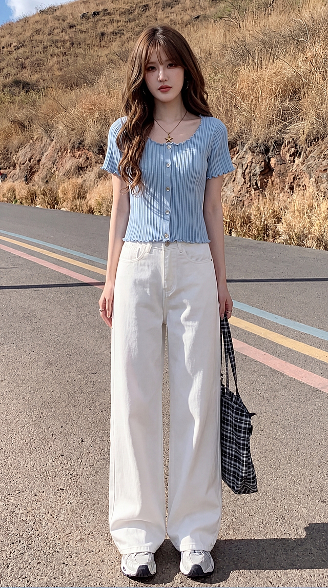 将第一张图的浅蓝色木耳边针织短袖上衣和第二张图的白色阔腿牛仔裤搭配穿搭，保留第三张图的人脸和发型发色以及整体拍照风格，生成全身穿搭展示图，保持风格自然真实