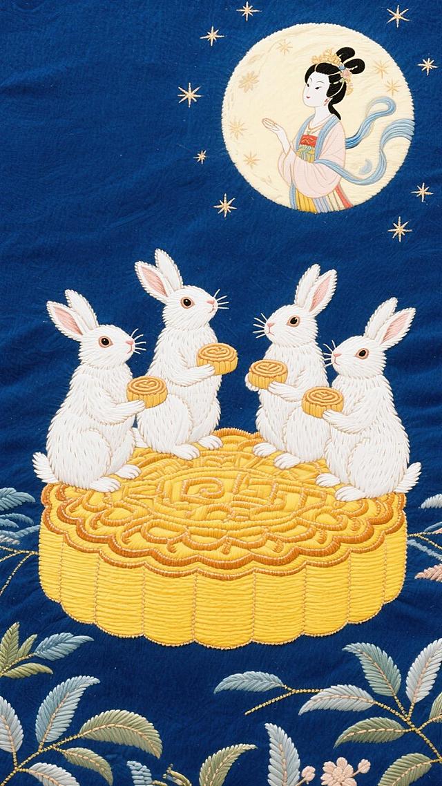 4只可爱白玉兔坐精致大黄月饼上，手持小月饼；深蓝夜空悬满月、缀星光，兔子们抬头望着月亮，明月上嫦娥也正在看向兔子们，嫦娥和兔子们两两相望，放佛彼此思念着对方