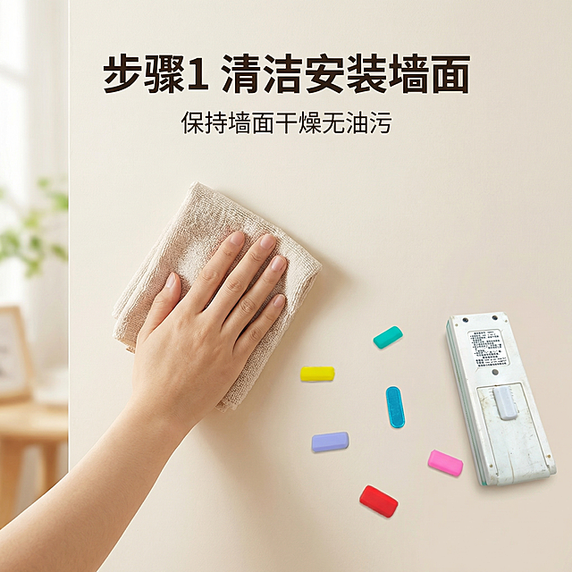 [详情图 1] 产品安装步骤第一步：清洁墙面
[氛围/风格] 清晰步骤演示，真实居家场景，自然光线
[画面元素] 展示干燥干净的墙面，用干布擦拭墙面准备粘贴，步骤一目了然，保留用户产品外观颜色，产品放在旁边备用
[配色色系] 浅暖居家色调，明亮干净
[文字版式] 顶部标题 "步骤1 清洁安装墙面"，下方说明文字 "保持墙面干燥无油污"，清晰排版，图文对应
[比例分辨率] 1:1 比例，2k 分辨率