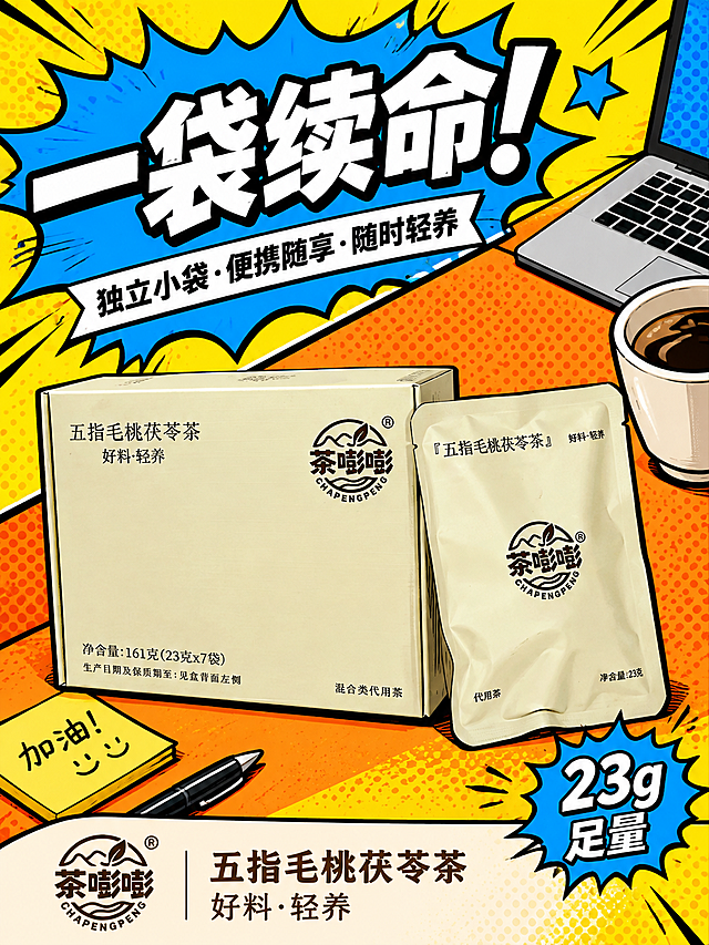 美式波普漫画风海报，竖版3:4比例。斜切分镜构图，左上到右下斜向分割。左上区域是大标题"一袋续命！"，粗体漫画字体，白色字配黑色粗描边，背景为亮蓝色爆炸形状。标题下方副标题"独立小袋·便携随享·随时轻养"。右下区域主体是茶嘭嘭五指毛桃茯苓茶的袋装产品特写，袋子微微倾斜，产品100%还原上传商品图的外形、包装、LOGO、印刷文字、净含量，完整保留袋型、品牌logo、颜色与正面朝向。袋装产品周围有办公场景元素：笔记本电脑一角、咖啡杯、便签纸，均为漫画风格。背景为黄色和橙色斜撞色分割，带有网点纹理。右下角有小爆炸气泡写着"23g足量"。底部有品牌名"茶嘭嘭 五指毛桃茯苓茶"和"好料·轻养"。整体波普漫画风格，高饱和撞色，粗黑描边，网点印刷效果，版式精美，文字清晰可读，产品不变形。画面中所有数字必须精确渲染，"23克"数字准确。