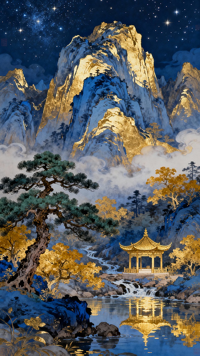 鎏金山水，星夜辉映，工笔细腻勾勒古典亭台，水墨与岩彩交融，营造梦幻静谧之境，光影流动间尽显中式奢华与唯美元素。
