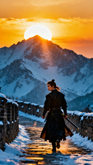 黎明时分，穿玄色剑袍的英挺男子独自走在古道上，回头望向身后，手中握着剑，背景是雪山上初升的太阳洒下万丈金光，色彩浓烈艳丽，写实电影唯美风格，无违规内容。预览效果