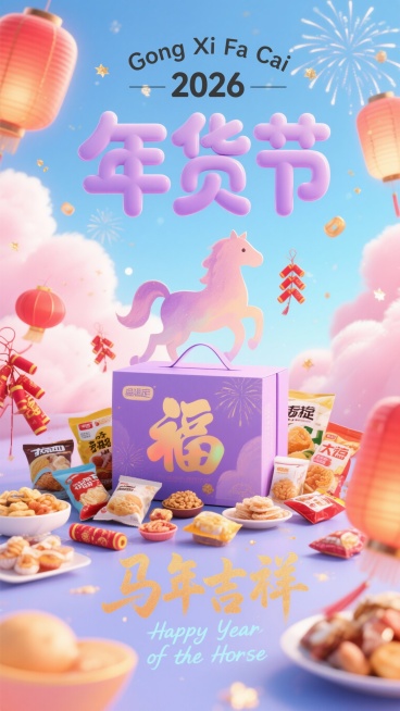 以柔和淡紫色渐变作为梦幻背景，点缀轻柔的粉彩云朵。画面中央聚焦稿定零食大礼包，作为视觉焦点，周围散落着丰富诱人的各类零食，构成热闹洋溢的氛围。左右背景采用浅蓝与棉花糖粉双色柔和过渡，边缘泛起细腻温暖的预览效果