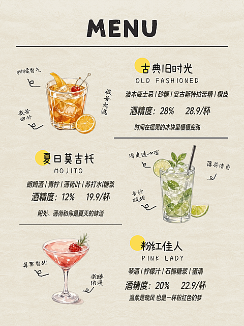 休闲饮品鸡尾酒手绘风产品展示小红书配图