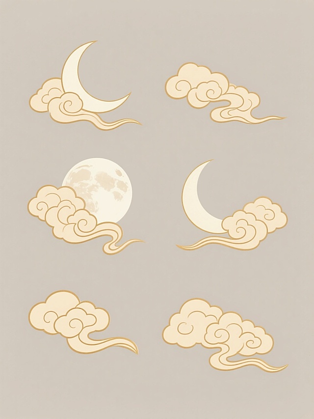 中国传统风格祥云月亮系列素材集合，六个不同造型与角度的祥云环绕月亮图案规整排布，每个图案保持相同的纯色背景和配色方案，月亮呈现新月、上弦月、满月、下弦月等不同月相形态，祥云采用流畅飘逸的曲线造型，云朵边缘有细腻的金色描边，整体色调温暖柔和，画面简洁而富有层次感，具有浓厚的传统节日氛围和装饰美感。