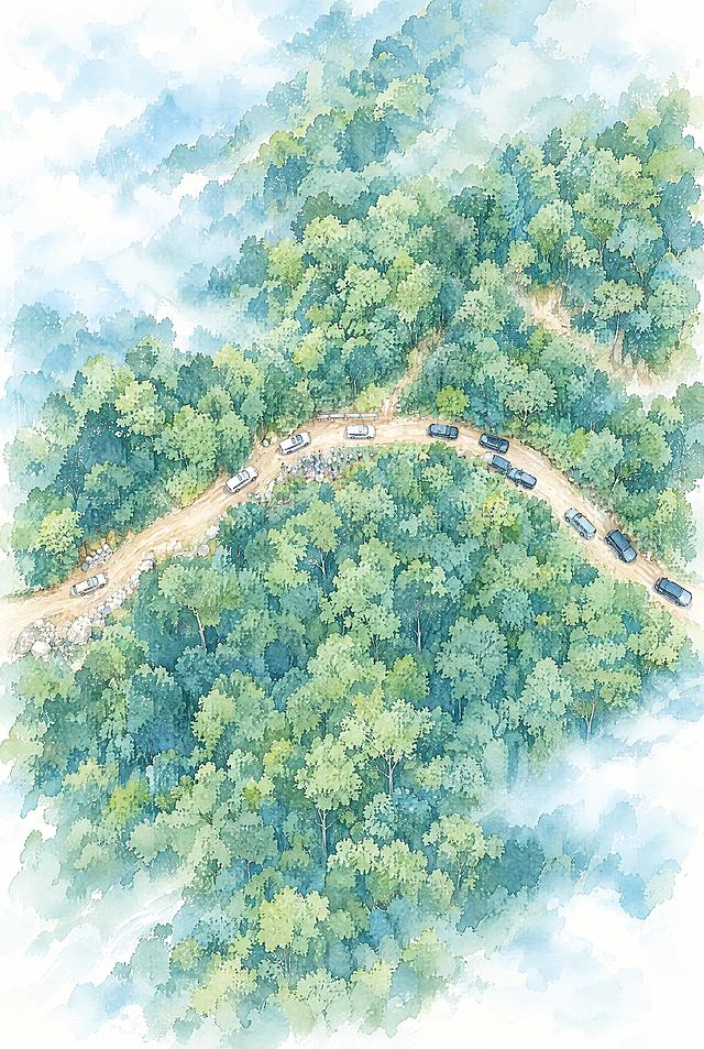 参考图一的清新水彩国风插画风格，将图二的航拍森林山路与车队画面重绘为同款插画效果。保留俯视视角、蜿蜒土路、多辆汽车和茂密绿色森林的整体构图与布局，采用淡蓝色调与柔和水彩质感，线条细腻清新，色彩通透干净，具有手绘插画的艺术感，画面精致，高分辨率
