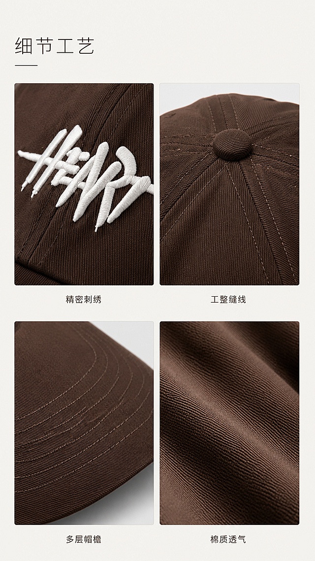 [第4屏] 工艺细节-刺绣与面料微距展示
[标题版式] 细体主标题左上，四宫格细节排列，浅色描边区分边框，简约高级
[氛围/风格] 质感特写，高级细腻，突出工艺精度
[元素布局] 本屏使用【图18】展示刺绣细节，【图6】展示顶部缝线，【图8】展示帽檐走线，【图25】展示整体面料纹理，四个细节分2x2宫格排列，保留每个细节的清晰真实质感，与输入图一致
[光影质感] 柔和侧光，突出面料纹理和刺绣立体感，细节清晰锐利
[配色色系] 全局底色 #f8f8f8，主色浅米背景，辅助色深棕文字，浅灰边框
[视角构图] 每个细节微距平视，宫格对称排列
[文字版式] 左上主标题「细节工艺」，每个细节下方标注小字：「精密刺绣」「工整缝线」「多层帽檐」「棉质透气」，文字不遮挡细节
[比例分辨率] 9:16竖版，4K分辨率，文字清晰可辨，高清画质
[负向提示词] 细节模糊，刺绣变形，走线错乱，颜色失真