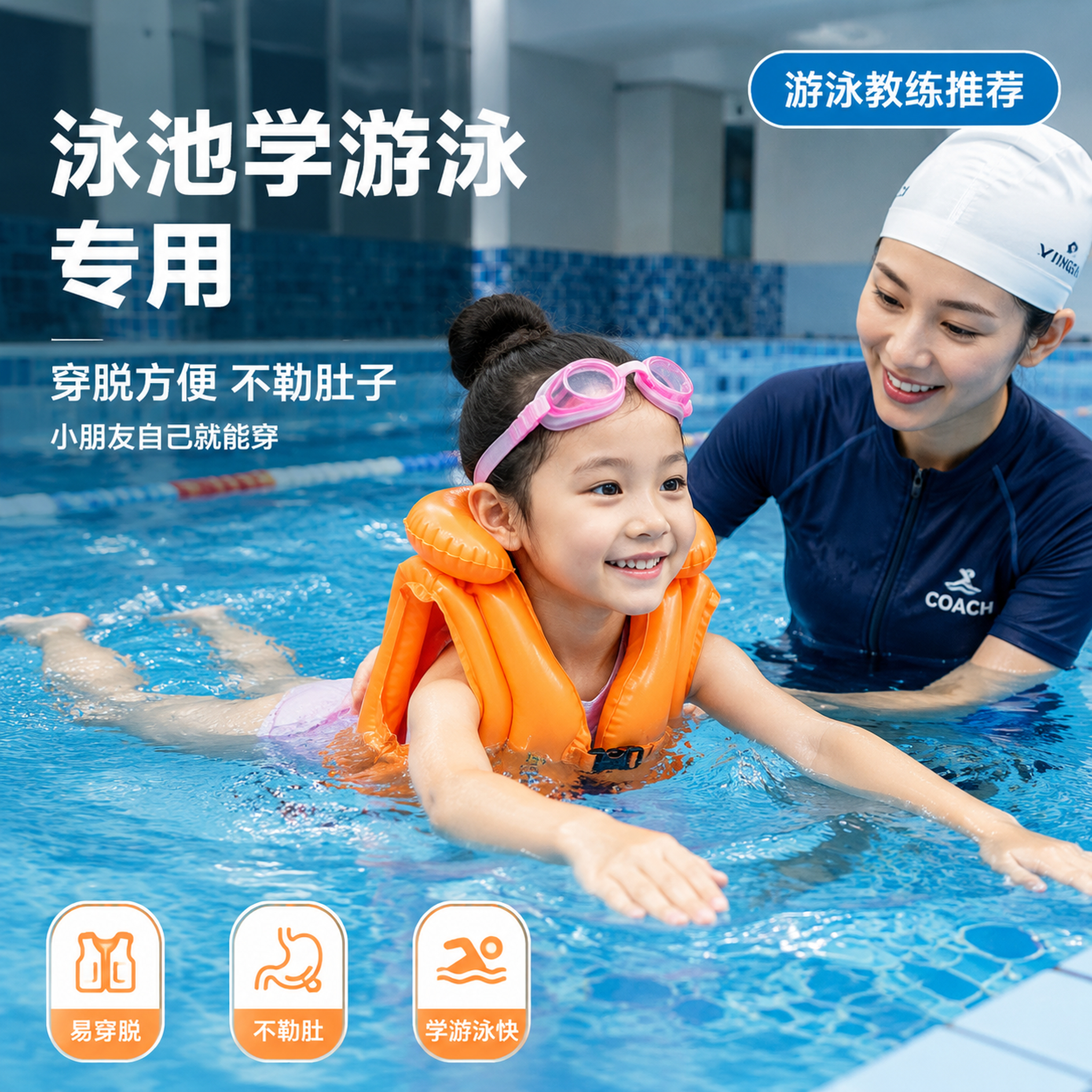 拼多多风格儿童浮力背心主图第六张，泳池学游泳场景。画面中央橙色… - 图片创意预览