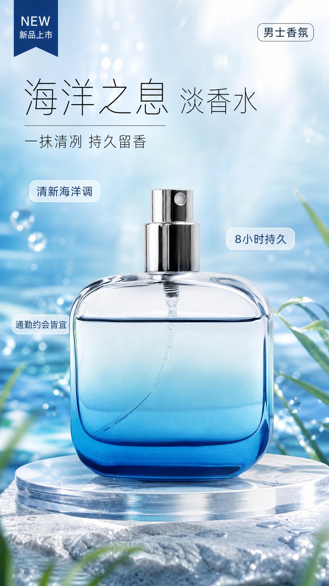 基于上传的蓝色渐变玻璃瓶香水图，制作一张竖版香氛商品营销海报。… - 图片创意预览