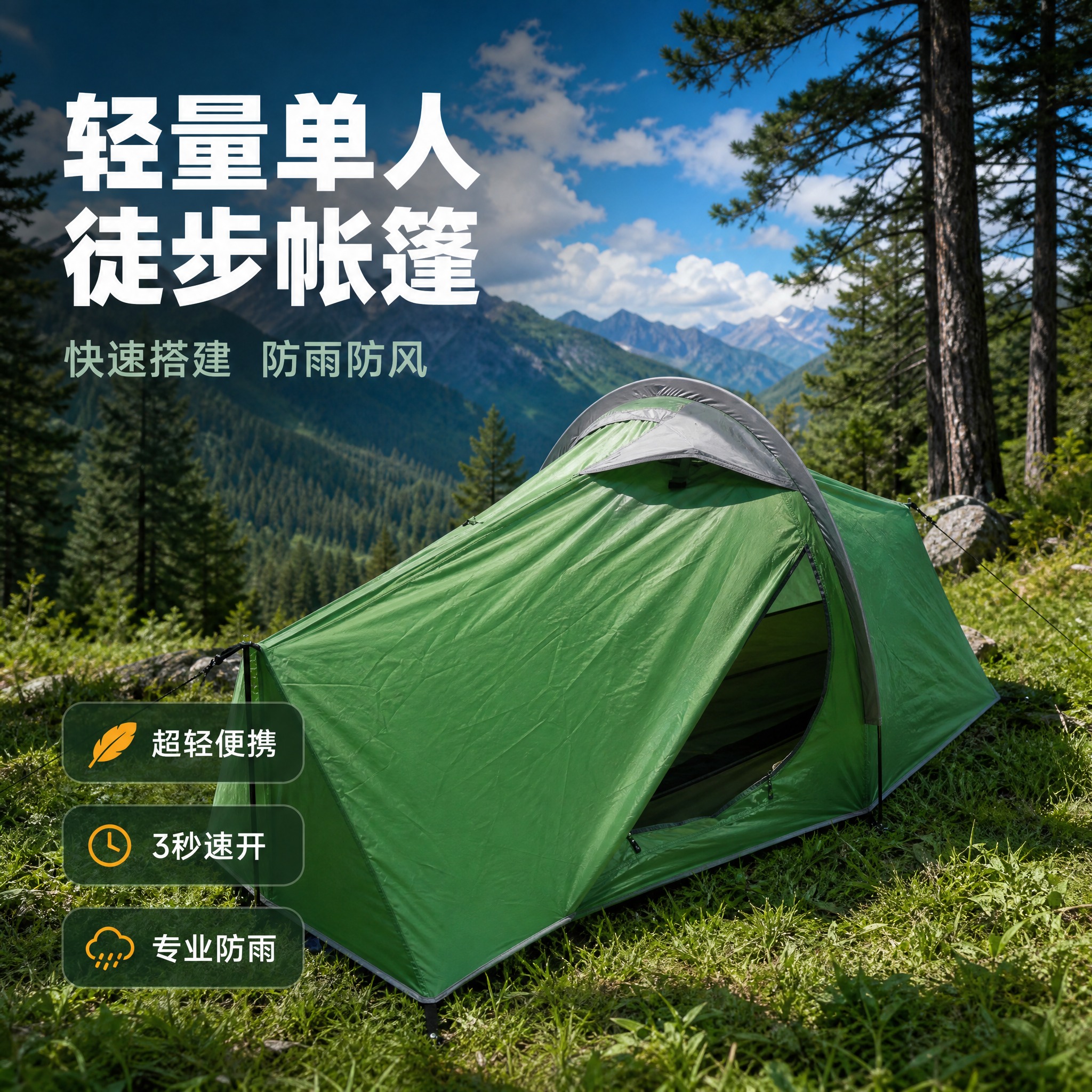 [主图-1] 绿色单人户外露营帐篷首图，真实森林草地场景代入，… - 图片创意预览