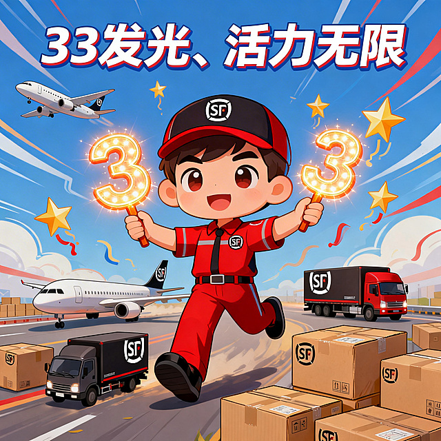 卡通风格的顺丰快递主题插画，主题文字为“33发光、活力无限”，画面充满活力，色彩明亮欢快，整体风格卡通活泼，带有顺丰品牌元素