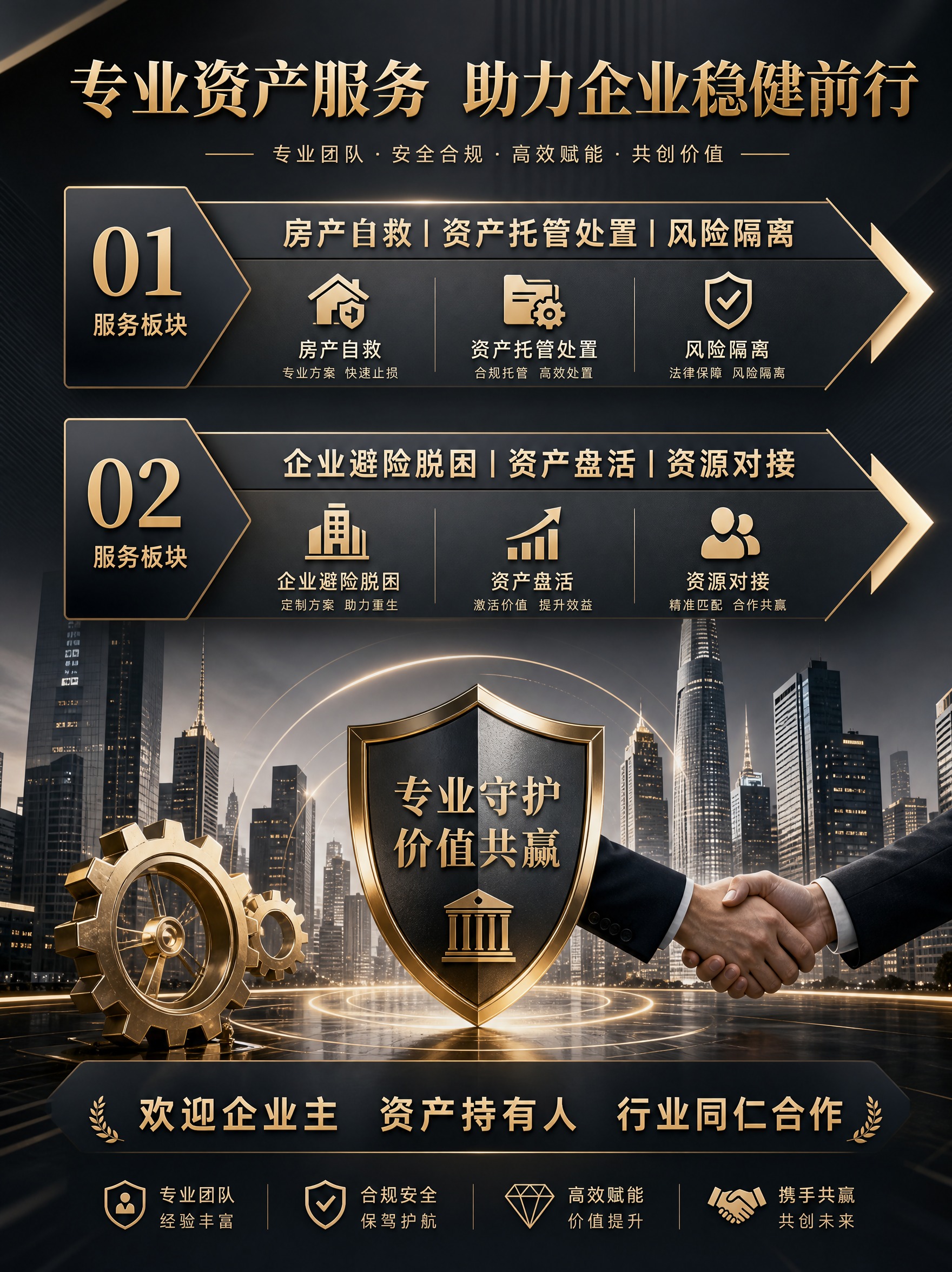 房产资产服务宣传海报，专业稳重的商务风格，深灰色与金色为主色调… - 图片创意预览