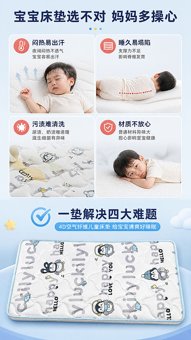 [商品] 使用【图2】4D空气纤维儿童床垫（正面俯拍企鹅图案面）；保留床垫整体形状、企鹅卡通印花分布、蓝色包边、绗缝纹理；修复背景工作台杂物，去除凳子等干扰物。
[画面] 第2张-痛点引入，多格说明型。上下分栏构图，上半部分2×2四宫格小场景展示儿童床垫4个常见痛点：闷热出汗、塌陷变形、难以清洁、材质不放心；下半部分放置床垫正面俯拍大图，占画面约50%，配解决方案标题；痛点格用浅灰底+红色小图标，解决区用主色浅天蓝底+对勾图标。
[视觉] 套系策略：风格=1688工厂直供风·清新儿童向商业摄影；标题字=思源黑体粗体；正文字=思源黑体常规；主色=浅天蓝；背景延展=基于浅天蓝做深浅层级、同色渐变与柔和哑光质感；强调色=暖黄色+浅红色（痛点警示用）；标题色=深海军蓝；正文色=中灰蓝；组件=圆角信息卡、细线分隔线、胶囊形标签；光影=均匀柔光。
[文字] 顶部大标题"宝宝床垫选不对 妈妈多操心"；四宫格每格短文案：闷热易出汗、睡久易塌陷、污渍难清洗、材质不放心；下半部分主标题"一垫解决四大难题"，副标题"4D空气纤维儿童床垫 给宝宝清爽好睡眠"；文字全部横向排版。
[规格] 图片比例9:16竖版，分辨率4K，负向提示：避免变形、错字、文字过小、痛点画面夸张恶心、工作台背景、床垫图案改变、冷灰主色调。
