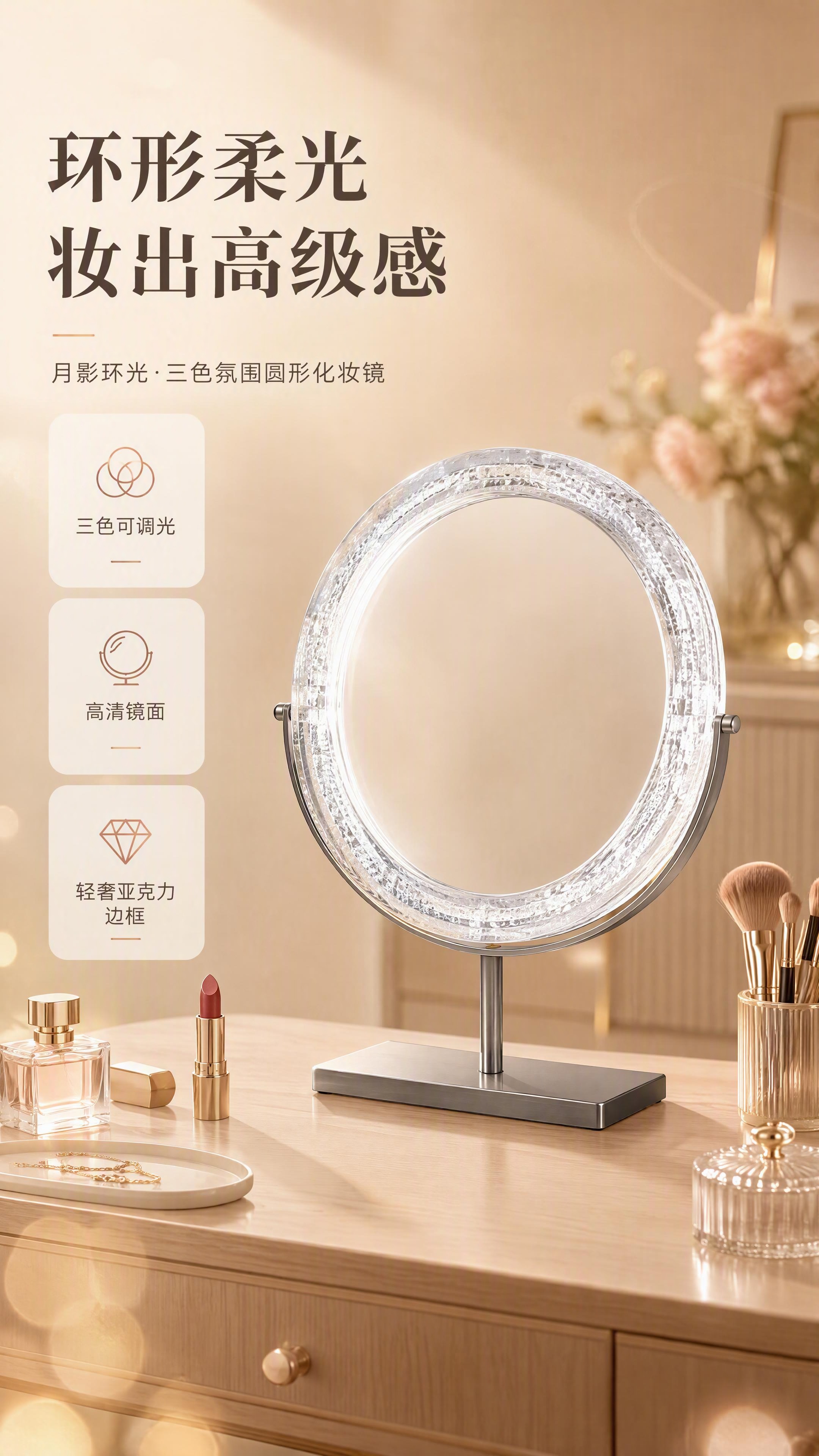 [商品] 使用【图1】圆形化妆镜；保留环形亚克力边框、金属立柱… - 图片创意预览