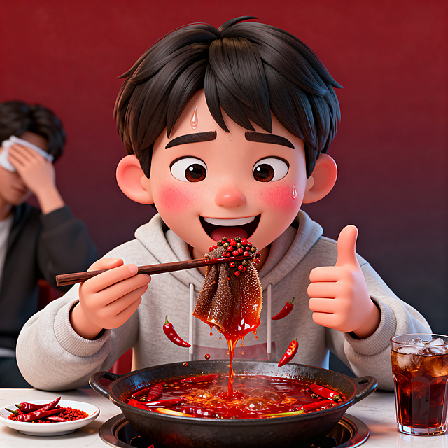趣味3D插画风格，C4D渲染，OC渲染，Blender建模，柔软光线，马卡龙色系，极简纯色背景，光滑黏土材质，影棚打光，超细节，人物居中或半身。火锅店场景，一位热情爽朗年轻中性形象，短发清爽，脸颊微红，穿着休闲卫衣，面前摆着一锅红油翻滚麻辣火锅漂浮满满辣椒花椒，正用筷子夹起一片裹满红油毛肚大口送进嘴里，额头微微冒汗但眼睛发亮嘴角上扬竖起大拇指表情酣畅淋漓，桌上摆着几碟辣椒蘸料、一盘干辣椒段，旁边一杯冰镇酸梅汤，身后朋友模糊处理正在擦汗，极简纯色背景，深红色渐变带火锅红油色和辣椒火红色，整体氛围酣畅满足，无辣不欢高