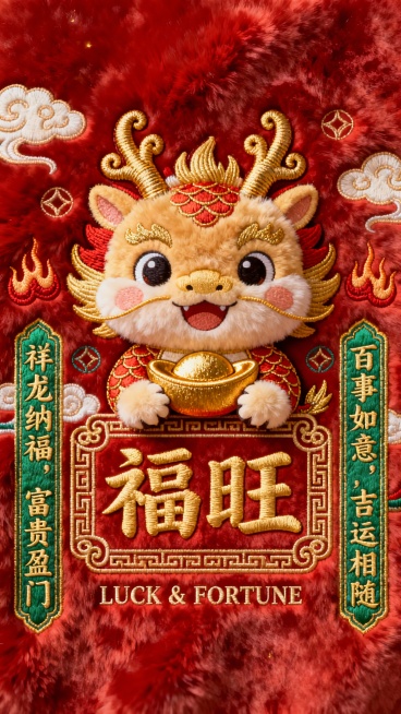 一张以浓郁红色毛绒材质为背景的中国传统刺绣风格海报，毛绒质感柔软细腻，带有微微绒光与自然纹理。画面中央是一只国潮Q版金色刺绣小龙，龙角卷曲可爱，龙须以金线勾勒，鳞片呈金红渐变，身体圆润，带着毛绒质感的预览效果