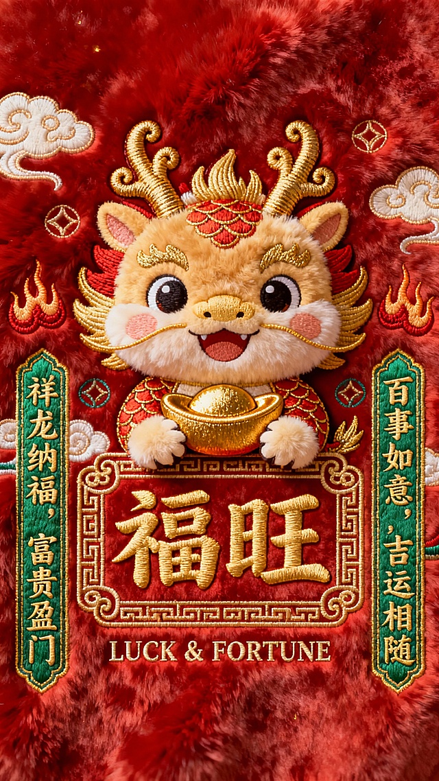这款小龙主题壁纸的创意源于祥瑞与喜庆的交汇，以柔软红色毛绒为底，承载节日般的温暖氛围。金角赤鳞的小龙怀抱元宝，象征福气盈门、好运自来；两侧绣纹牌匾寓意百事如意、吉运相随，祥云与火纹细节让画面更具灵动与仪式感。整体以红金配色打造旺势与丰盛感，每一次亮屏都像被一只好运小龙轻轻打招呼，把祝福、力量与兴旺悄悄送进新的一天。