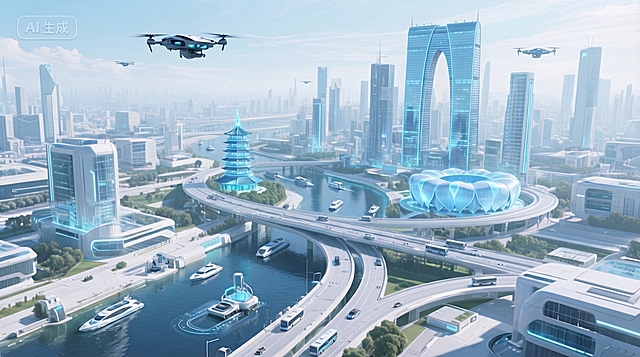 未来感都市，科技与传统交融，3D玻璃风建筑辉映霓虹光影，虚拟现实中的金属质感城市，清透如梦。