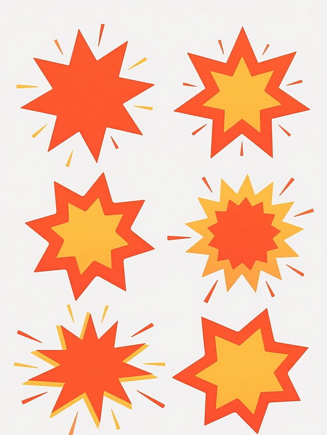 白色背景上排列整齐的6个不同样式的促销主题元素，每个元素均为橙红色调，具有不规则放射状爆炸形轮廓，边缘线条平滑锐利，内部从橙红色向黄色自然柔和过渡，部分元素带有细小的装饰性尖角或向外延展的短线条，整体呈现活泼醒目、充满动感的现代扁平化设计风格，适合用于促销活动的视觉强调元素。