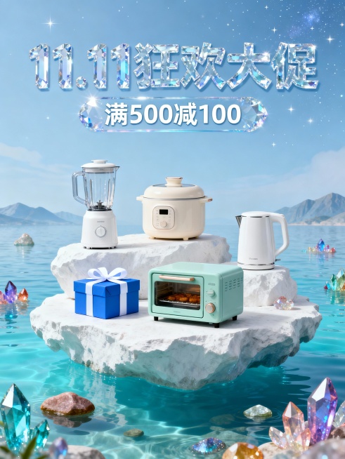 梦幻水世界背景的小家电促销插画，漂浮的白色岩石平台上，展示白色搅拌机（置于蓝色礼盒系白色丝带）、米白色电炖锅、浅绿色小烤箱、白色电水壶，周围碧蓝水面点缀彩色水晶石，背景淡蓝色远山与星空。顶部有晶莹剔透预览效果