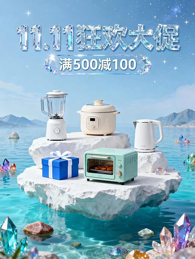 梦幻水世界背景的小家电促销插画，漂浮的白色岩石平台上，展示白色搅拌机（置于蓝色礼盒系白色丝带）、米白色电炖锅、浅绿色小烤箱、白色电水壶，周围碧蓝水面点缀彩色水晶石，背景淡蓝色远山与星空。顶部有晶莹剔透的水晶立体字“11.11狂欢大促”，副标题“满500减100”，整体清新治愈，突出小家电精致质感与梦幻氛围