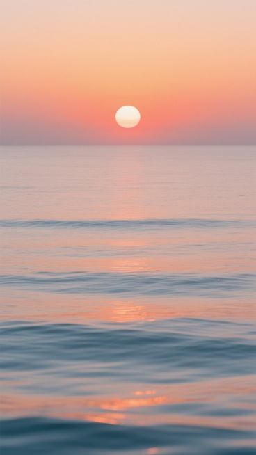 极简主义风格的海上日落，画面由水平线条分割为广阔的天空与平静的海面，天空从顶部的浅橙色渐变至地平线的温暖橙红色，巨大的圆形太阳低悬于海平面中央，散发柔和而明亮的光芒，水面波光粼粼，呈现出橙色与蓝色交织的横向波纹，整体色调统一和谐，光影过渡自然柔和，营造出宁静、开阔、温暖的氛围，画面简洁干净，没有多余元素干扰主体视觉。预览效果