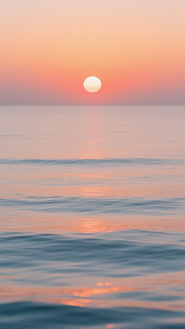 极简主义风格的海上日落，画面由水平线条分割为广阔的天空与平静的海面，天空从顶部的浅橙色渐变至地平线的温暖橙红色，巨大的圆形太阳低悬于海平面中央，散发柔和而明亮的光芒，水面波光粼粼，呈现出橙色与蓝色交织的横向波纹，整体色调统一和谐，光影过渡自然柔和，营造出宁静、开阔、温暖的氛围，画面简洁干净，没有多余元素干扰主体视觉。