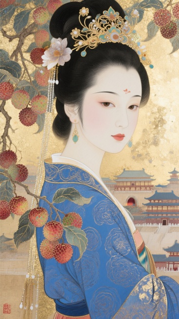 一个绝美的穿着唐代华服（蓝色丝绸暗纹服装+华丽发饰）的公主，黑发棕眼，美艳绝伦，白皙的皮肤，面部特写，背后是一棵结满荔枝的枝条垂下，荔枝很多，呈硕果累累状态。远景唐代长安城预览效果