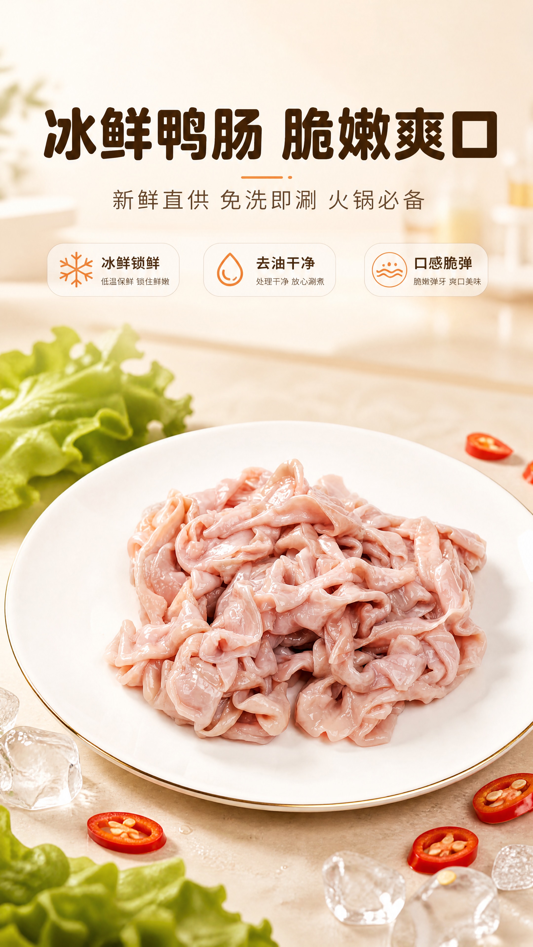 [商品] 使用【图1】白盘装冰鲜鸭肠；保留鸭肠自然粉润色泽、卷… - 图片创意预览