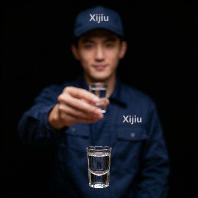「图片1」“我”的这个视角不需要伸手和端起酒杯，对面那个人拿的是白酒子弹杯，穿着习酒工人的服装预览效果