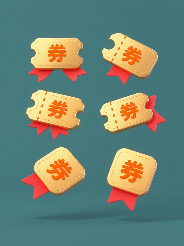 六个造型各异的金色优惠券图标，每个均带有橙色“券”字，采用3D立体渐变风格，边缘有缝线细节，搭配红色飘带，整体呈现明亮光泽感，规整排列在纯色背景上，保持统一的卡通化设计语言和视觉质感，每个优惠券在形状、飘带走向或装饰细节上各具特色，形成系列感。
