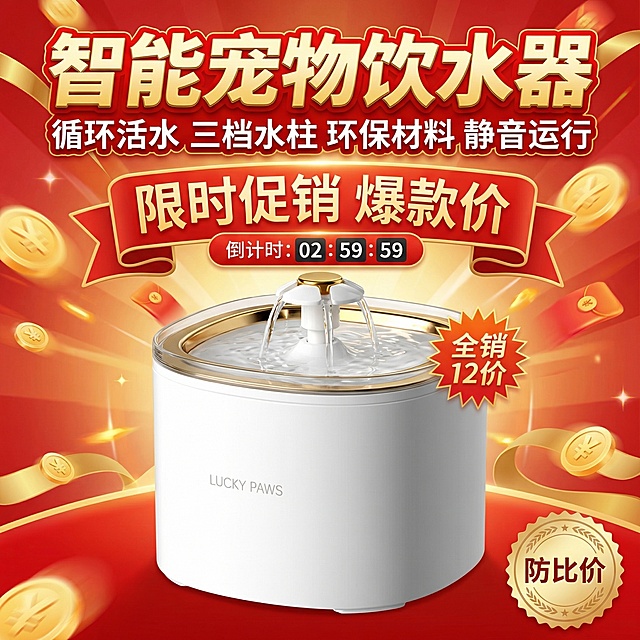 基于原图，制作拼多多爆款防比价主图，添加限时促销元素，搭配文字“智能宠物饮水器 循环活水  三档水柱  环保材料  静音运行”，用红金配色营造紧迫感，突出优惠氛围