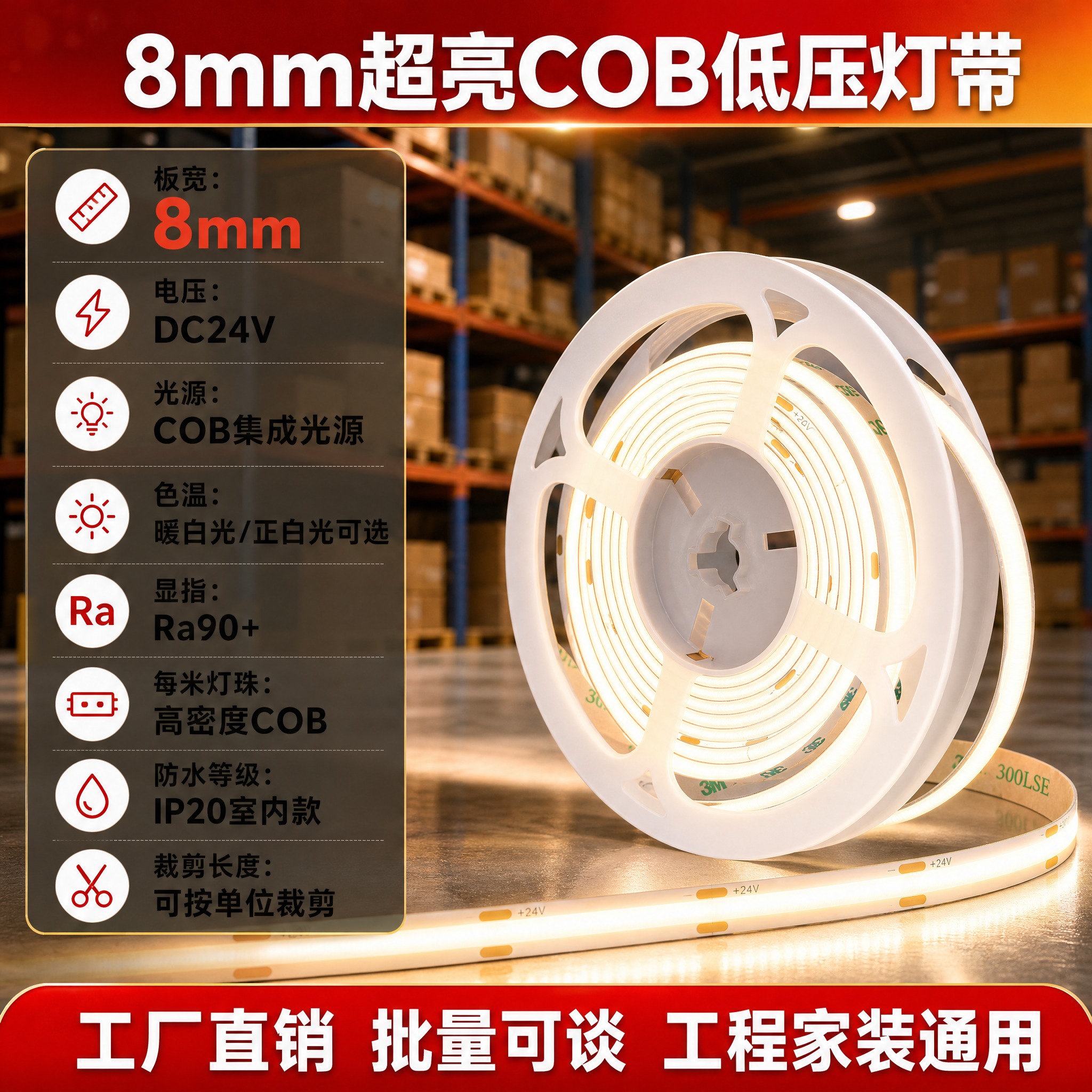 1688电商产品规格主图，8mm超亮COB 24V低压灯带规格… - 图片创意预览