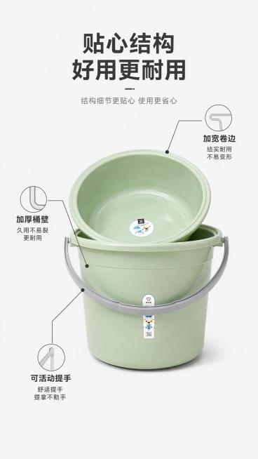 [第3屏] 结构解析页-马卡龙水桶水盆套装结构细节标注。本屏使用【图1】产品作为主体。
[氛围/风格] 干净清晰工业风，细节展示明确，专业可信。
[元素布局] 产品居中展示，用细引线引出三个关键部位：预览效果