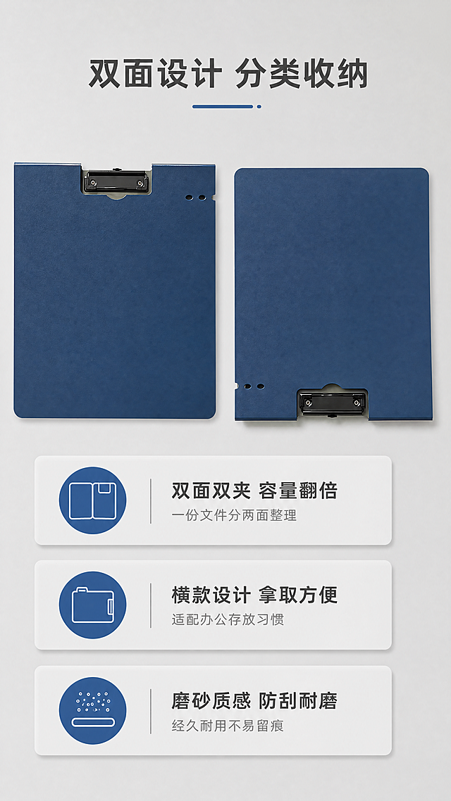 [第2屏] 核心卖点屏，浅灰背景，上半部分左右放正反双夹，用图7图8保持产品一致，下半部分三个卖点带图标。顶标题「双面设计 分类收纳」，卖点：「双面双夹 容量翻倍 一份文件分两面整理」「横款设计 拿取方便 适配办公存放习惯」「磨砂质感 防刮耐磨 经久耐用不易留痕」。9:16竖版4K清晰，负向提示：变形文字乱挡产品