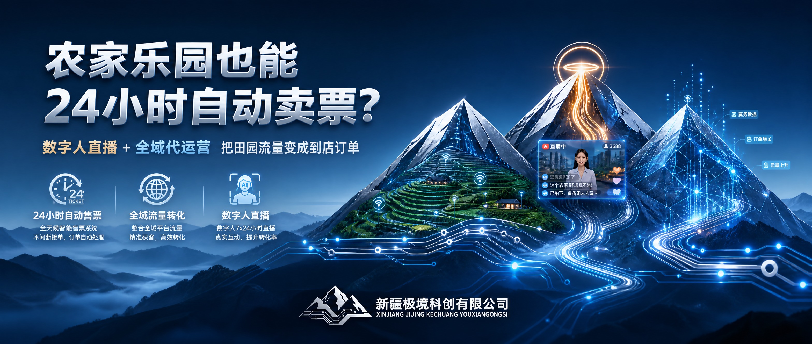 公众号封面海报，以三座山峰+电路线为视觉母题的品牌主视觉，银蓝… - 图片创意预览