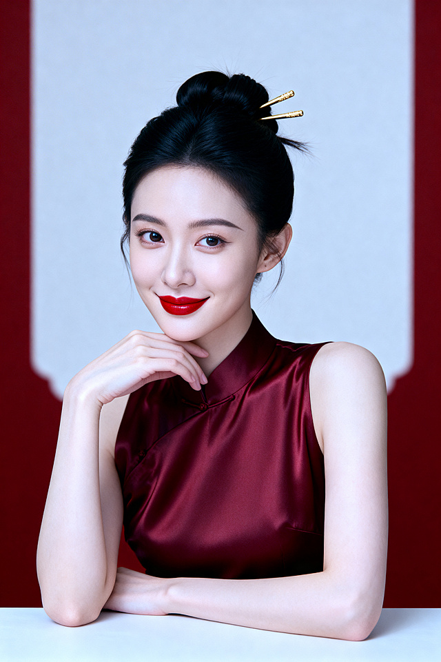 高级人物商业摄影半身像，人物身着酒红色无袖缎面旗袍，黑色头发盘成发髻，佩戴金色发簪，红唇精致妆容，面部特征精致，皮肤白皙细腻，呈现细腻通透的奶油肌质感。人物头部微侧，目光柔和看向镜头，嘴角轻扬，呈现温婉浅笑；右手轻托下巴，置于下巴与颈部之间，手臂自然弯曲；左手手臂支撑于桌面，手部自然放置，姿态放松优雅。背景为新中式红色背景，高清人物摄影风格，整体纯净柔和、极简治愈，突出人物清新自然气质，胸像取景，居中对称布局，画面留白充足，简洁干净，柔光棚拍布光，前侧主光均匀照亮面部，辅光弱化阴影，光影过渡自然，低饱和莫兰迪冷调，饱和度偏低、对比度适中，画面通透无杂色，商业级人像摄影，画质高清，发丝和布料质感清晰，高级感