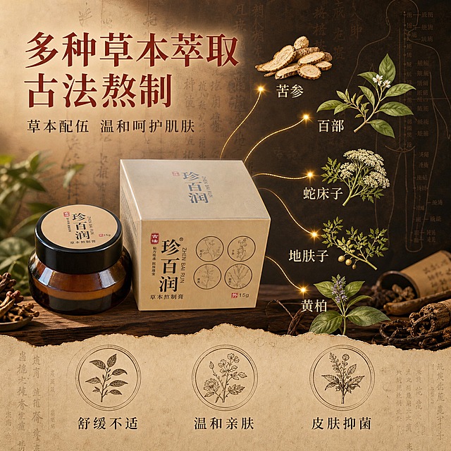 [主图-2] 珍百润草本熬制膏功效卖点图，展示多种草本成分与皮肤抑菌舒缓功效，中药风格背景。
[统一基调] 中药国风视觉，背景主色为深棕+米黄宣纸质感，点缀草本植物线描与古药方纹理，标题字色为赭石红，辅助字色为深褐，强调色为鎏金，字体选用雅致宋体，整体温润古朴有小红书原生氛围感。
[画面] 画面左侧放置珍百润草本熬制膏瓷罐（约占画面40%），右侧及上方环绕多种真实草本植物（苦参、百部、蛇床子、地肤子等枝叶与根茎），用细金线从草本植物引向产品，标注对应功效方向。背景为深棕色古药方纹理底，隐约可见毛笔书写的中药名与经络图，营造浓厚中药文化氛围。下方有三个圆形图标，分别标注「舒缓不适」「温和亲肤」「皮肤抑菌」，图标内有对应草本简笔画。
[光影质感] 暖调柔光，产品与草本植物都有自然光影，草本叶片有通透感，产品瓷罐有温润高光，整体复古雅致摄影质感。
[配色] 深棕底色+米黄文字区+赭石红标题+绿色草本+鎏金引线，中药色调统一。
[文字版式] 主标题「多种草本萃取 古法熬制」用大号宋体赭石红色，位于画面上方；三个功效点用圆形图标+深褐色说明文字横向排列在下方；草本引线旁标注植物名称（仅草本名，不写化学成分）；文字不遮挡产品主体，排版疏朗有国风韵味。
[输出要求] 1:1正方形比例，2K高清，产品清晰不变形，文字清晰无错字，画面干净有质感，无水印无平台Logo，禁止出现化学成分名称、生产厂家信息、具体草本数量、极限词。