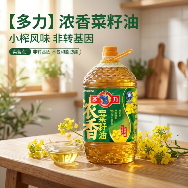[主图 1] 健康餐桌场景首图，展示多力浓香菜籽油。[氛围风格] 自然健康新鲜风格，真实厨房温馨氛围。[画质] 商业摄影质感、光线柔和通透、产品清晰真实、画面干净高级。[元素] 5L装多力浓香菜籽油瓶预览效果