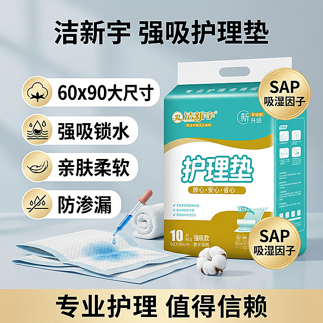 电商主图，护理垫产品展示，卖点60X90强吸护理垫，亲肤柔软防渗漏，淘宝天猫平台通用风格，干净简约背景，突出产品包装和卖点