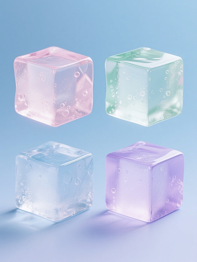 一组4个不同纯色背景的超写实冰块特写集合，保持高度一致的3D质感和透明晶莹的材质，每个冰块拥有独特的棱角细节和表面气泡分布，光影效果统一呈现柔和的高光与深邃阴影，冰块主体为纯净透明色，背景分别为淡蓝色、淡粉色、淡绿色和淡紫色，所有元素规整排列形成系列感，强调冰块的冰凉通透与微妙的形态差异，整体画面干净简洁，突出每个冰块的立体感和材质真实感。