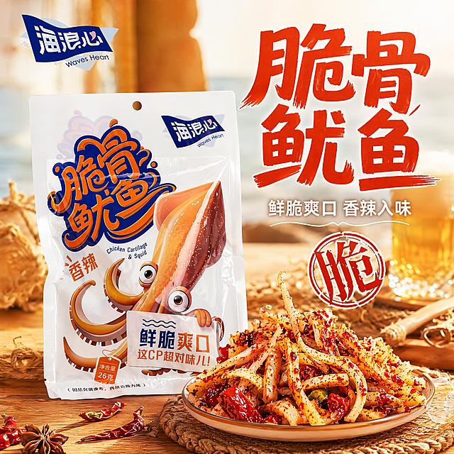 「图片1」，生成一套主图（5张），商品名称是脆骨鱿鱼，卖点是鲜脆爽口，香辣入味，双重口感，一口双享受。适配抖音平台，主图比例为1:1