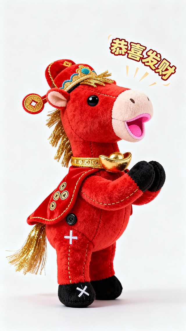 A plush stuffed horse doll, animal shape not human, 
Made of red short-pile fabric, visible sewing stitches and stuffing seams, 
Golden yarn mane and tail, black button eyes with white cross-stitch highlights, 
Standing upright on two hind legs, 
The two front hooves are clasped together in a gesture of respectful greeting.
Mouth open as if speaking, inside pink fabric, 
The four characters ‘恭喜发财’ seemed to float in the top-right corner like a shout, 
Wearing the official cap of the Chinese God of Wealth,
Gold ingot-shaped collar around neck, 
Small red cape on back with coin pattern embroidery, 
Pure transparent background, soft studio lighting, 
Handmade craft aesthetic, warm and festive, 
Pure white background, with no extraneous markings on the puppet.
3D render but保持布偶质感,
--ar 9:16 --style raw --quality 2 --seed 2024 --no human anthropomorphic humanoid