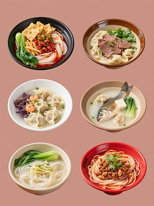 六个不同纯色背景的美食海报规整排布组成的系列素材集合，高分辨率食物摄影风格，每款都有清晰的食材纹理和丰富的色彩对比，柔和的顶部光源营造自然立体感。从左到右依次为：1. 螺蛳粉：黑色碗中盛放洁白米粉，搭配红油汤底、炸腐竹、酸笋、花生、青菜和红色辣椒油；2. 牛肉粉：棕色碗中装着米粉，覆盖大片卤牛肉片、绿色香菜、葱花和清澈的牛肉汤；3. 馄饨汤：白色碗中漂浮着饱满的馄饨，汤色清亮，点缀紫菜、虾皮和绿色葱花；4. 鱼汤：浅褐色碗中是奶白色的鱼汤，里面有完整的鱼肉块、豆腐和绿色蔬菜；5. 清汤粉：浅色碗中盛放洁白米粉，配有几片青菜、豆芽和清澈的汤底；6. 酸辣粉：红色碗中装着粗粉条，覆盖肉末、花生、香菜和红色酸辣汤底。每个碗都保持相同的碗型设计，整体构图采用居中对齐，突出食物主体，系列风格统一，视觉层级清晰，食物主体为视觉焦点，无文字排版。