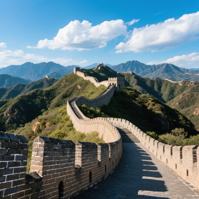 雄伟的万里长城蜿蜒在崇山峻岭之间，砖石结构清晰可见，天空湛蓝，白云朵朵，阳光明媚，展现出长城的壮丽与历史厚重感预览效果