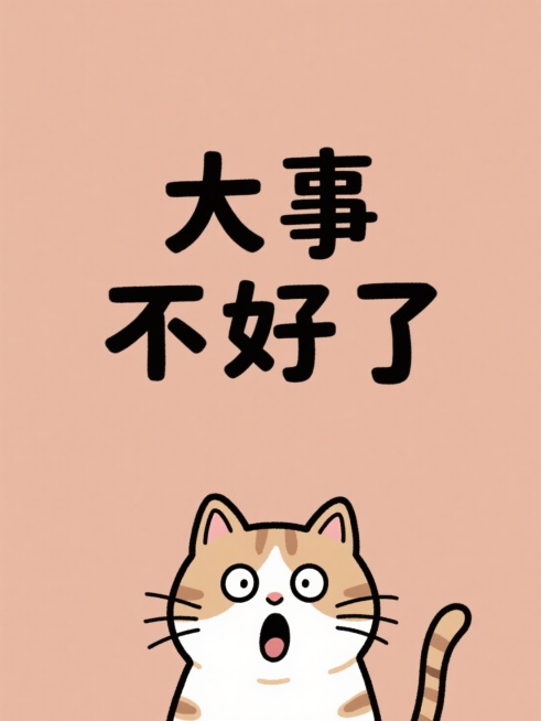 标题为“大事不好了”，标题下方有一个猫猫震惊表情，背景纯色，手绘卡通预览效果
